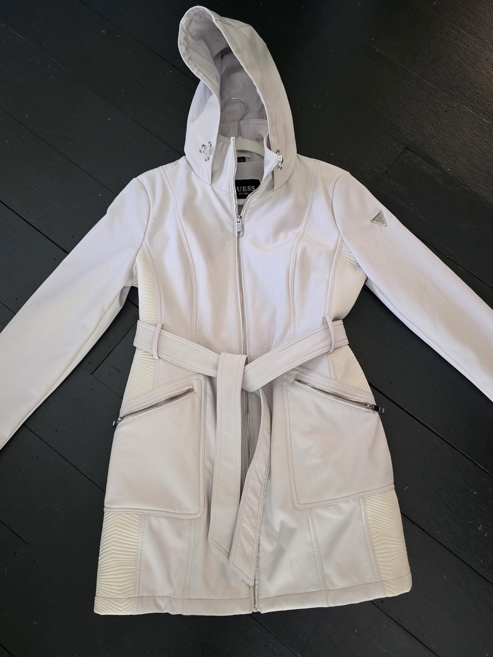 GUESS Hooded Belted Trench Coat Marshmallow White, Size L